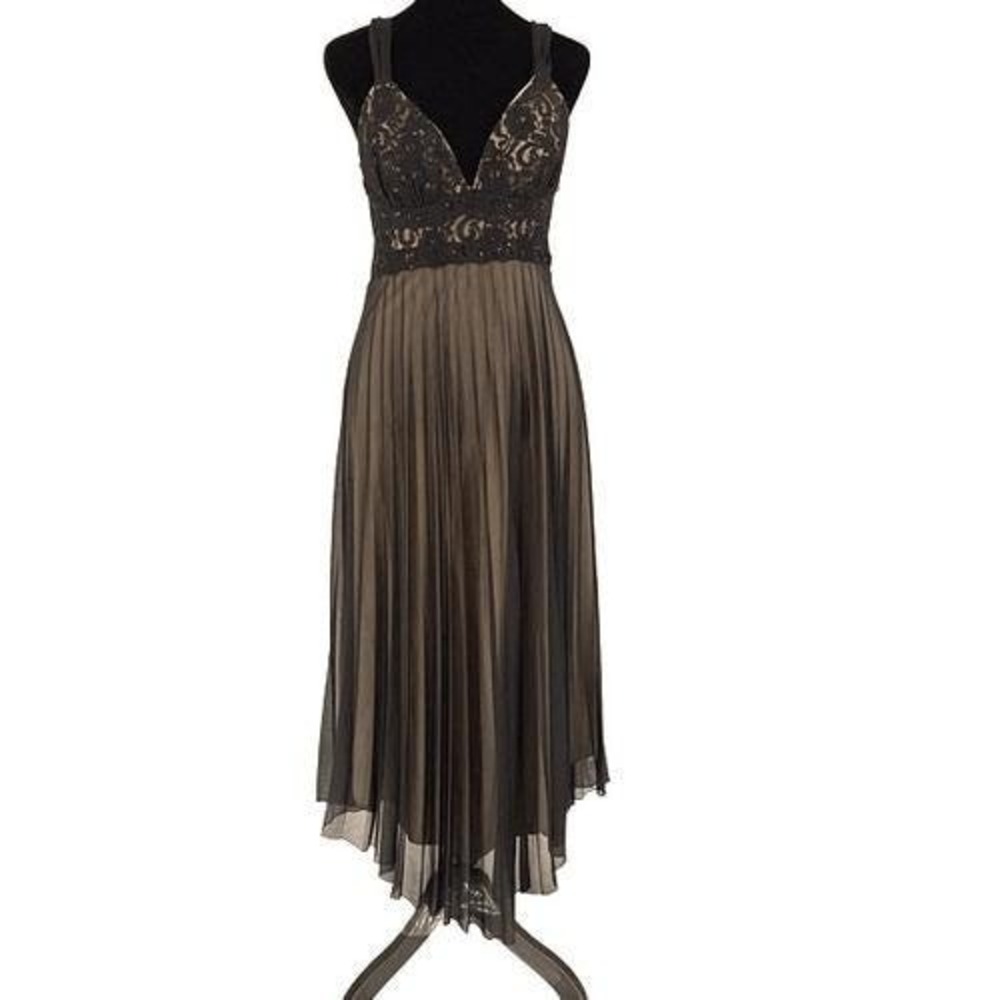 Vintage Roulette Lace Accordion Pleated Semi Sheer Lined Dress Black Size Medium